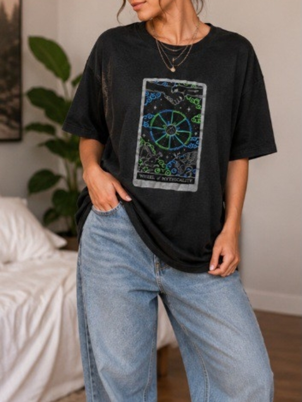 Wheel of Mythicality Graphic Tee | Oversized Black Mystical Tarot Style Shirt